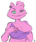 2022 anthro big_breasts bodily_fluids bojack_horseman breasts cleavage clothed clothing clothing_pull crop_top domestic_cat earpiece felid feline felis female front_view fur green_eyes half-length_portrait hand_on_breast hi_res looking_at_viewer mammal netflix pink_body pink_fur portrait princess_carolyn shirt shirt_pull smile solo steeckykees sweat sweaty_breasts sweaty_face topwear topwear_pull 