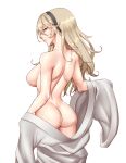  1girl artist_name ass bare_shoulders breasts cleru_(cleruuuuu) clothes_down corrin_(fire_emblem) corrin_(fire_emblem)_(female) cowboy_shot english_commentary fire_emblem fire_emblem_fates grey_hair hairband highres japanese_clothes kimono large_breasts long_hair looking_at_viewer looking_back nude pointy_ears red_eyes shoulder_blades simple_background solo white_background 
