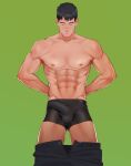  1boy abs absurdres arms_behind_back bangs bara black_hair black_male_underwear black_pants boxer_briefs bulge closed_eyes clothes_pull collarbone cowboy_shot erection erection_under_clothes expressionless facing_viewer green_background highres male_focus male_underwear muscular muscular_male naoki_(xhju8282) navel nipples original pants pants_pull pectorals short_hair simple_background solo standing topless_male underwear 