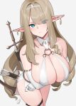  1girl arrow_(projectile) bangs bare_shoulders blush bow_(weapon) breasts cleavage collarbone elf hayabusa highres large_breasts long_hair looking_at_viewer original pointy_ears quiver solo sword thighs weapon white_background 
