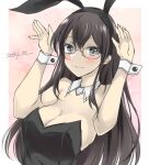  1girl alternate_costume animal_ears artist_name black_hair black_leotard blush breasts bunny_pose cleavage closed_mouth dated detached_collar fake_animal_ears gakky glasses grey_eyes kantai_collection large_breasts leotard long_hair looking_at_viewer one-hour_drawing_challenge ooyodo_(kancolle) playboy_bunny semi-rimless_eyewear solo under-rim_eyewear very_long_hair wrist_cuffs 