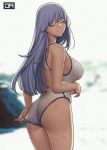  1girl adjusting_clothes adjusting_swimsuit ak-12_(girls&#039;_frontline) ass backlighting bare_arms bare_shoulders breasts closed_eyes closed_mouth competition_swimsuit cowboy_shot day facing_viewer girls&#039;_frontline grey_hair j_adsen large_breasts long_hair one-piece_swimsuit outdoors sideboob smile solo swimsuit wet wet_clothes wet_swimsuit white_one-piece_swimsuit 