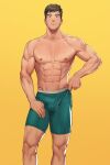  1boy abs bangs bara boxer_briefs brown_hair bulge collarbone contrapposto erection erection_under_clothes green_male_underwear hand_on_own_thigh highres light_smile looking_at_viewer male_focus male_underwear muscular muscular_male naoki_(xhju8282) navel nipples original pectorals short_hair simple_background solo standing underwear underwear_only yellow_background 