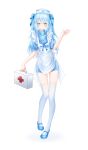  1other absurdres apron artist_name bangs blue_dress blue_hair dress eyelashes frilled_apron frills full_body hair_ribbon hat highres limecookie long_hair looking_at_viewer nurse nurse_cap ribbon rimuru_tempest short_sleeves solo tensei_shitara_slime_datta_ken thighhighs thighs twintails white_apron white_background white_thighhighs yellow_eyes 