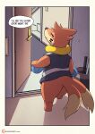  2022 2_tails absurd_res blush bottomless bottomless_male buizel butt close-up clothed clothing comic countershading door door_handle english_text fin fluffy fur furniture generation_4_pokemon genitals hallway hi_res high-angle_view inside looking_at_another looking_at_viewer looking_back male mammal multi_tail mustelid nintendo orange_body orange_fur playful pokemon pokemon_(species) purple_eyes risenpaw shadow smug solo stairs text unseen_character video_games walking 
