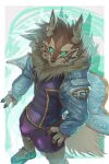  1boy animal_ears animal_nose bike_shorts birry blue_jacket body_fur border brown_fur bulge colored_sclera ear_piercing foot_out_of_frame full_body furry furry_male green_eyes green_sclera highres jackal_boy jackal_ears jackal_tail jacket looking_at_viewer male_focus markings outside_border piercing seth_(housamo) shoes smile snout solo tokyo_afterschool_summoners toned toned_male two-tone_fur v white_border 