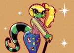  anthro blonde_hair bottomwear cane claws clothed clothing denim denim_clothing female green_body hair iguanid jeans lizard long_hair nelljoestar pants patch_(fabric) ponytail reptile scalie solo sweater topwear yellow_claws yellow_sclera 