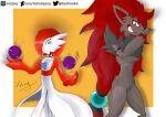  absurd_res angry_eyes anthro attacking_viewer big_claws blue_eyes choker claws collar digital_drawing_(artwork) digital_media_(artwork) duo female gardevoir generation_3_pokemon generation_5_pokemon grin hair hi_res holding_chin jewelry looking_at_viewer mane mane_hair muscular muscular_female necklace nintendo orange_background pokemon pokemon_(species) ponytail red_body red_hair shadow_ball simple_background smile spiked_collar spikes video_games zennybluegenesis zoroark 