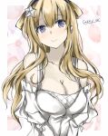  1girl alternate_costume artist_name bare_shoulders blonde_hair blush breasts cleavage closed_mouth dated fletcher_(kancolle) floral_background gakky hair_flaps kantai_collection large_breasts long_hair looking_at_viewer one-hour_drawing_challenge purple_eyes shirt simple_background smile solo white_shirt 