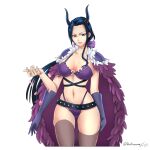  1girl absurdres bikini black_hair black_thighhighs blue_eyes bow breasts breasts_apart cape collarbone curled_horns extra_arms fake_horns feathered_cape gloves hair_bow highres horns kerana_art large_breasts long_hair looking_at_viewer nico_robin o-ring o-ring_bikini o-ring_top official_alternate_costume one_piece petals purple_bikini purple_bow purple_cape purple_gloves simple_background solo swimsuit thighhighs white_background 