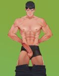  1boy abs absurdres arms_behind_back bangs bara black_hair black_male_underwear black_pants boxer_briefs censored clothes_pull clothing_aside collarbone cowboy_shot erection expressionless green_background highres large_penis looking_away looking_to_the_side male_focus male_underwear male_underwear_aside mosaic_censoring muscular muscular_male naoki_(xhju8282) navel nipples one_eye_closed original pants pants_pull pectorals peeking_out penis penis_outside short_hair simple_background solo standing testicles topless_male underwear veins veiny_penis 