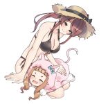  2girls ^_^ ^o^ aa211108 animal_costume animal_ears arm_support bangs bikini black_bikini blunt_bangs blush breasts brown_hair cat_costume cat_ears cat_tail cleavage closed_eyes collarbone hat ichihara_nina idolmaster idolmaster_cinderella_girls large_breasts looking_at_another lying lying_on_person mifune_miyu multiple_girls on_stomach ponytail side-tie_bikini_bottom sidelocks simple_background smile straw_hat swimsuit tail white_background 