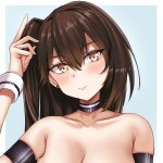  1girl armband azur_lane bangs bare_shoulders black_choker blue_background blush breasts brown_hair choker cleavage collarbone commentary_request comotaro hair_between_eyes hand_up head_tilt highres long_hair looking_at_viewer one_side_up portrait smile solo yellow_eyes zuikaku_(azur_lane) 