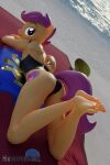  absurd_res anthro beach butt clothing crossed_ankles cutie_mark equid equine female friendship_is_magic hamsterball hasbro hi_res looking_at_viewer looking_back mammal my_little_pony pegasus scootaloo_(mlp) seaside solo swimwear tongue tongue_out towel wings young 