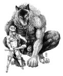  2022 abs absurd_res animal_genitalia anthro balls biceps canid canine canis capreoline cervid cervine chain claws clothed clothing club_(weapon) crouching duo genitals headgear headwear hi_res looking_at_viewer looking_forward male mammal melee_weapon momamo muscular muscular_anthro muscular_male neck_tuft nude partially_clothed pecs pud&uacute; sheath size_difference small_dom_big_sub tuft weapon were werecanid werecanine werewolf wolf 