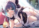  1girl :3 animal_ears aqua_eyes aqua_hair azur_lane black_hair blush breasts cat_ears cheshire_(azur_lane) cleavage cross-laced_clothes day fake_animal_ears fang fang_out frilled_hairband frills garter_straps hairband head_rest indoors looking_at_viewer lying maid maid_headdress manjuu_(azur_lane) medium_breasts multicolored_hair official_art on_side solo streaked_hair suimya sunlight thighhighs thighs two-tone_hair uneven_eyes white_garter_straps white_thighhighs wrist_cuffs 