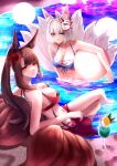  2girls akagi_(azur_lane) akagi_(paradise_amaryllis)_(azur_lane) animal_ears azur_lane ball bangs bare_shoulders blue_eyes blue_one-piece_swimsuit blush breasts brown_hair cikisign cleavage closed_mouth cocktail_glass collarbone crossed_legs cup drinking_glass flower fox_ears fox_girl fox_tail hair_flower hair_ornament highres kaga_(azur_lane) kaga_(everlasting_killing_stone)_(azur_lane) legs lips long_hair looking_at_viewer mask mask_on_head medium_breasts multiple_girls navel official_alternate_costume on_water ponytail pool red_eyes red_one-piece_swimsuit short_hair sidelocks sitting smile stomach swimsuit tail water wet white_hair 