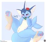  absurd_res ambiguous_gender anus belly blue_body blush duo eeveelution english_text female female/ambiguous feral generation_1_pokemon genitals green_scarf hi_res imminent_sex leg_grab nintendo pokemon pokemon_(species) pussy scarf senz spread_legs spreading text vaporeon video_games 