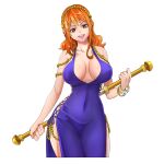  :d absurdres alternate_costume bare_shoulders bracelet breasts breasts_apart brown_eyes clima-tact collarbone dress eyelashes head_tilt highres jewelry kerana_art large_breasts long_hair nami_(one_piece) one_piece orange_hair pink_lips purple_dress side_slit simple_background sleeveless sleeveless_dress smile white_background 