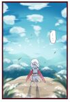  ... 1girl akinomiya_asuka blue_sky cliff commentary from_behind hat highres hollow_song_of_birds outdoors pink_shorts scenery short_hair shorts sky solo standing torisumi_horou touhou white_hair white_headwear wings 