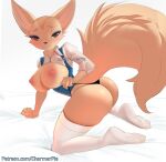  aggressive_retsuko anthro blush brown_body brown_fur canid canine charmerpie clothed clothing female fenneko fox fur half_clothed half_naked hi_res legwear makeup mammal netflix nipples pink_nipples pinup pose sanrio smile solo thigh_highs yellow_body yellow_fur 