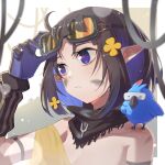  1girl absurdres adjusting_goggles arknights arm_strap bare_shoulders bird black_hair blue_eyes blue_hair breasts cleavage colored_inner_hair commentary_request dirty dirty_face eunectes_(arknights) goggles goggles_on_head hand_up head_tilt high_priest_(arknights) highres kiscript multicolored_hair off_shoulder pointy_ears short_hair upper_body 