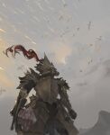  1boy animal_helmet armor cloud cloudy_sky dark_souls_(series) dark_souls_i dokomon dragon dragon_slayer_ornstein full_armor gold_armor highres knight mountainous_horizon sky solo_focus weapon 