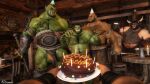  ad-games anthro background_character balls birthday body_hair bovid bovine cake canid canine chest_hair clothed clothing dessert european_mythology food genitals greek_mythology group hi_res horn humanoid male male/male mammal minotaur muscular muscular_humanoid muscular_male mythology nipples orc partially_clothed penis size_difference taur were werecanid werecanine 