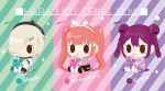  1118masa animal_ears bow braid chibi denonbu double_bun drinking grey_hair hair_bow hair_bun hair_ornament hairclip hat hood hoodie inubousaki_shian jacket long_hair long_sleeves minakami_hina multiple_girls open_mouth orange_hair rabbit_ears sakurano_mimito school_uniform serafuku shirt sitting skirt twin_braids twintails white_shirt 