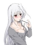  1girl ahoge alternate_costume between_breasts blush breasts cleavage collarbone commentary_request elf_(stroll_in_the_woods) grey_hair grey_short long_hair lyrical_nanoha mahou_shoujo_lyrical_nanoha mahou_shoujo_lyrical_nanoha_a&#039;s medium_breasts pocky_in_mouth red_eyes reinforce simple_background solo sweatdrop upper_body white_background 