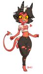  clothing female helluva_boss hi_res horn imp millie_(helluva_boss) navel possummachine red_body red_skin small_waist solo spade_tail torn_clothing wide_hips 