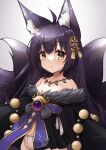  1girl absurdres aged_down ahoge animal_ear_fluff animal_ears azur_lane bangs black_hair blush breasts brown_eyes closed_mouth commentary_request facial_mark fox_ears fox_girl fox_tail fur-trimmed_kimono fur_trim gradient gradient_background grey_background groin hair_between_eyes hair_ornament highres japanese_clothes jewelry kimono long_hair long_sleeves looking_at_viewer magatama magatama_necklace musashi_(azur_lane) nagato-chan necklace off_shoulder panties small_breasts solo tail underwear very_long_hair whisker_markings white_background white_kimono white_panties wide_sleeves 