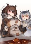  2girls bird_girl bird_wings black_hair blonde_hair blush brown_coat brown_hair coat commentary curry eurasian_eagle_owl_(kemono_friends) food food_on_face fur_collar gloves grey_hair hair_between_eyes head_wings highres jknor719 kemono_friends ladle long_sleeves multicolored_coat multicolored_hair multiple_girls northern_white-faced_owl_(kemono_friends) orange_hair owl_ears short_hair smile white_coat white_fur white_gloves white_hair wings winter_clothes winter_coat 