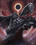  adam_ryu_ford animal armor berserk black_armor black_horse eclipse highres horseback_riding knight pointing_weapon red_sky riding skull skull_knight_(berserk) sky sword_of_resonance weapon 