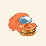  1other among_us burger commentary disembodied_limb eating food highres holding holding_food impostor_(among_us) no_humans orange_(among_us) simple_background solo symbol-only_commentary tenmiyakiyo yellow_background 