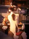  3d_(artwork) anthro aroused balls beverage canid canine canis coffee container cup digital_media_(artwork) erection fan_character floppy_ears furry genitals hi_res holding_(disambiguation) inside juno_(lepusjuno) kitchen knot leaning lepusjuno looking_away looking_pleasured male mammal morning morning_wood penis smile smirk solo standing wolf 