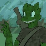  2014 anthro clothed clothing digital_drawing_(artwork) digital_media_(artwork) dirty grass green_body green_skin horn kobold lagotrope lizard male melee_weapon plant pupils reptile scalie slit_pupils solo story story_at_source story_in_description sword tgchan tree weapon white_eyes zizi_(lagotrope) 