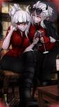  2girls absurdres awesome_face cerberus_(helltaker) demon_girl gloves helltaker highres horns justice_(helltaker) lucifer_(helltaker) multiple_girls red_eyes relaxed short_hair skymedicpro smile 