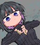  1girl bangs black_hair black_sweater blunt_bangs closed_mouth fingernails frown green_nails highres idolmaster idolmaster_cinderella_girls long_sleeves multicolored_hair nail_polish purple_eyes purple_hair sasaki_rindou shirayuki_chiyo short_hair sleeves_past_wrists solo split_mouth sweater turtleneck turtleneck_sweater two-tone_hair 