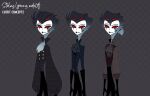  absurd_res anthro avian bird frown goth hair hair_tied helluva_boss hi_res male owl owl_demon red_eyes short_hair simple_background solo standing stolas_(helluva_boss) teathekook text tied_hair white_text 