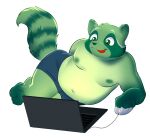  3_toes 4_fingers absurd_res anthro bottomwear clothing computer computer_mouse digital_media_(artwork) feet fingers fred_(fredrick_brennan) hi_res laptop lying male mammal mouth_closed navel nipples on_side overweight overweight_anthro overweight_male procyonid raccoon shorts solo toes tongue tongue_out unknown_artist 