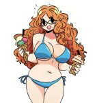  1girl ass_visible_through_thighs bikini black-framed_eyewear blue_bikini body_freckles breasts curly_hair curvy english_commentary freckles glasses highres huge_breasts ice_cream_cone ida_(murgoten) long_hair mole mole_under_mouth murgoten navel open_mouth orange_hair original side-tie_bikini_bottom solid_oval_eyes solo standing swimsuit thigh_gap underwear underwear_only w_arms 