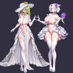  2girls areola_slip arm_strap armband blue_eyes blush bouquet bra breasts bridal_veil cleavage collar covered_nipples detached_collar dress drill_hair erato_(last_origin) flower frilled_armband frilled_skirt frills gloves green_flower green_hair green_rose hair_over_one_eye hat hat_flower heart heart_hands high_heels highres holding holding_bouquet huge_breasts jewelry kirome_(kamipaper) lace-trimmed_legwear lace_trim last_origin long_skirt looking_at_viewer medium_hair multiple_girls muse_(last_origin) navel neck_flower necklace official_alternate_costume official_art one_eye_covered open_mouth panties pelvic_curtain plump ponytail purple_eyes purple_flower revealing_clothes ribbon rose see-through showgirl_skirt simple_background skindentation skirt smile sun_hat thick_thighs thighhighs thighs thong twin_drills underwear veil wedding wedding_dress white_collar white_footwear white_gloves white_hair white_headwear white_panties white_ribbon white_skirt white_thighhighs wing_collar yellow_flower yellow_rose 