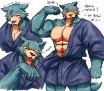  2022 abs anthro barazoku beastars biceps big_muscles blush bubble canid canine canis chopsticks clothed clothing dialogue directional_arrow drunk english_text eyebrows eyes_closed flexing fur hi_res huge_muscles legoshi_(beastars) male mammal muscular muscular_anthro muscular_male navel nipples obliques open_mouth pecs robe scar simple_background sleeping solo standing substance_intoxication talking_to_viewer teeth teseirei text tongue tongue_out tuft white_background wolf yawn 