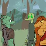  1:1 2014 anthro clothed clothing digital_drawing_(artwork) digital_media_(artwork) fen_(lagotrope) grass green_body green_eyes green_skin group horn kobold lagotrope lizard male mountain_kobold orange_body orange_eyes orange_scales outside plant pupils reptile scales scalie shirt slit_pupils standing story story_at_source story_in_description tgchan topless topwear tree trio white_eyes 