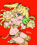  1girl 2022 :d animal_ears animal_hands animal_print bangs bare_shoulders bell blonde_hair breasts cleavage collarbone fang film_grain gloves green_eyes groin hands_up highres idolmaster idolmaster_cinderella_girls jingle_bell jougasaki_rika long_hair navel open_mouth over-kneehighs paw_gloves red_background sasaki_rindou simple_background small_breasts smile solo tail teeth thighhighs tiger_ears tiger_paws tiger_print tiger_tail two_side_up v-shaped_eyebrows 