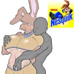  anthro big_breasts bottomwear breast_grab breasts brown_body brown_fur buckteeth clothing collar duo faceless_character faceless_male female fur grabbing_from_behind grope hand_on_breast human male male/female mammal muscular nesquik obleacream pants shirt simple_background smile standing teeth topwear under_boob white_background 