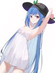  1girl armpits arms_up black_headwear blue_hair breasts cleavage dress food fruit hat highres hinanawi_tenshi leaf long_hair peach red_eyes short_dress simple_background solo str11x touhou white_background white_dress 