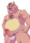  2021 anthro asian_clothing balls brown_body clothing east_asian_clothing erection fundoshi genitals hi_res humanoid_genitalia humanoid_hands humanoid_penis japanese_clothing kemono male mammal moobs murasaki14134 nipples overweight overweight_male penis shirt simple_background solo suid suina sus_(pig) topwear underwear white_background white_clothing white_fundoshi white_underwear wild_boar 