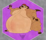  2021 absurd_res anthro back_stripes basicbiscuit belly big_belly brown_body brown_fur dipstick_tail disney fur grimace hair herpestid hi_res hyper hyper_belly male mammal markings meerkat moobs navel nude obese overweight plantigrade red_hair solo striped_body striped_fur stripes tail_markings tan_body tan_fur the_lion_king thick_thighs timon watermark 